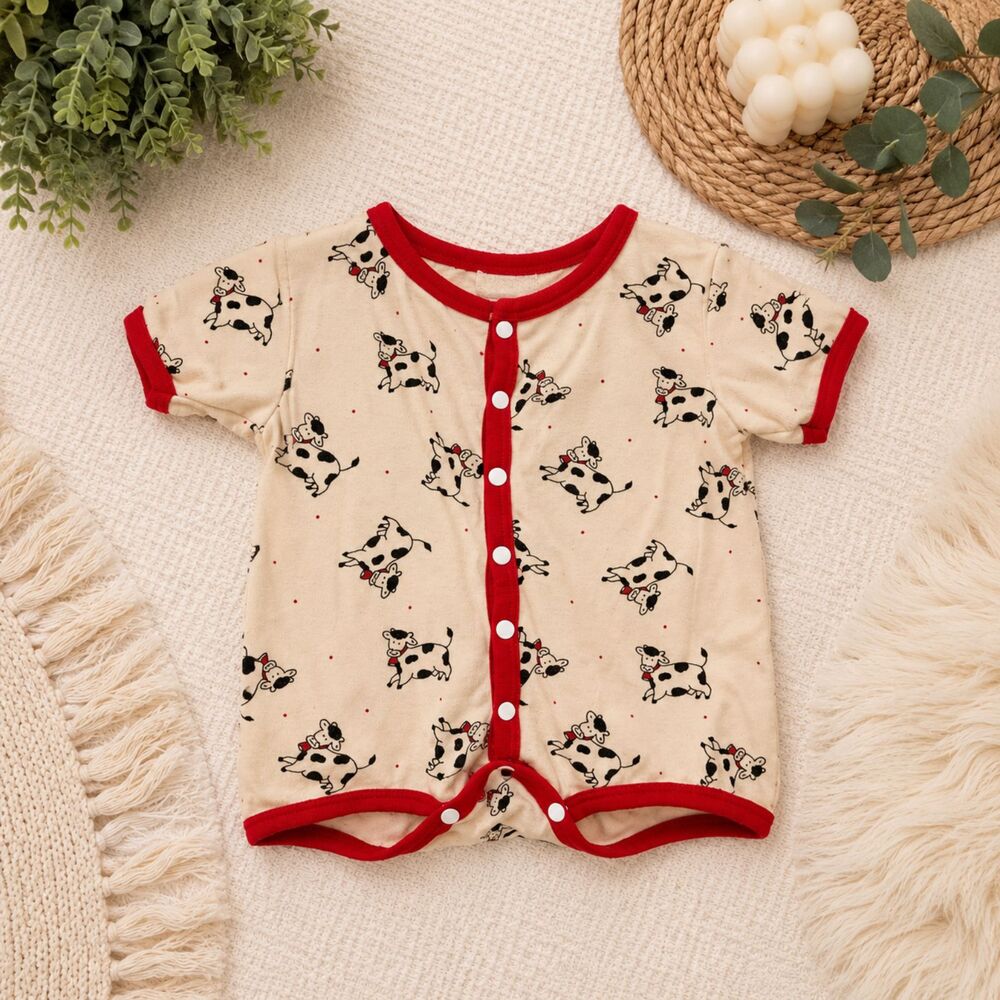 Vintage All Mine Baby Cow Print Romper Red Trim Short Sleeve One Piece